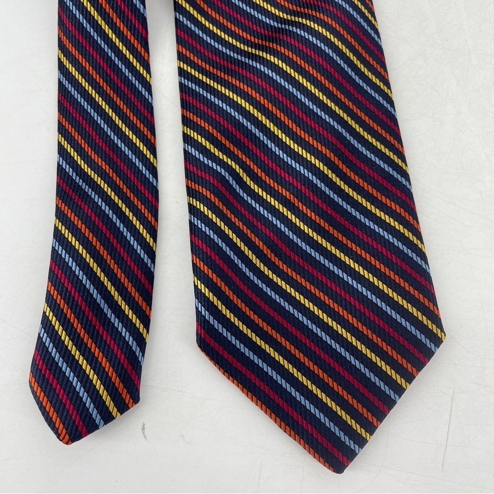 Santori Tie 100% Silk Striped Navy Blue / Orange / Red/ Yellow - Made in Italy